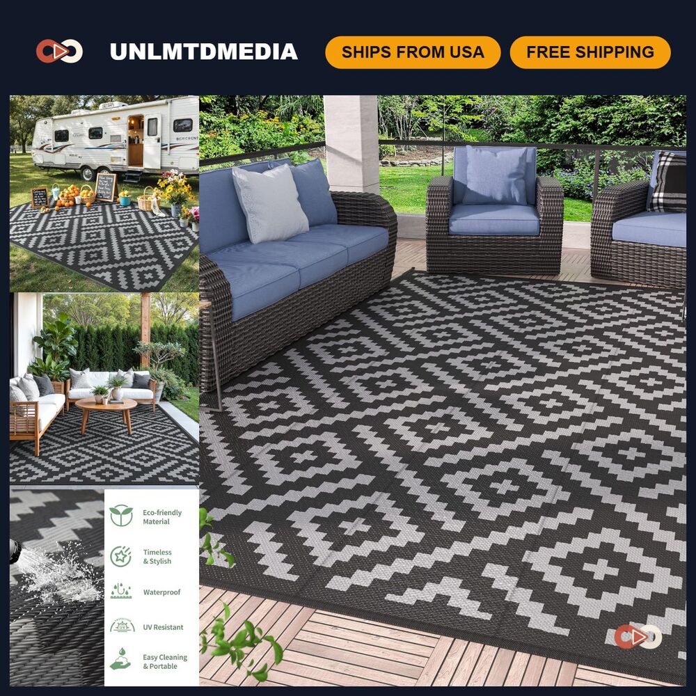 Outdoor Waterproof Plastic Rug 5'x8' for Patio, Deck, Garden - Black Grey